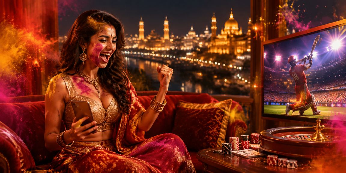 Lucknow old city with app displaying casino games during Holi